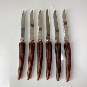 Vintage Stainless Forgecraft USA Steak Knives Set 6 Stag Faux Antler Handle MCM